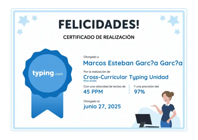 Certificado de Typing.com, 45 palabras por minuto